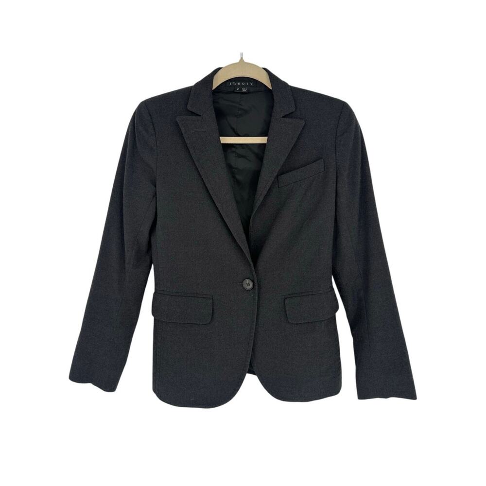 Theory Blazer Womens 2 Charcoal Gray 98% Virgin Wool Single Breasted Jacket EUC